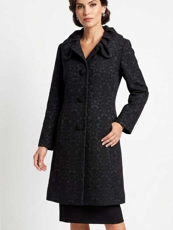Ivanka Trump Jackets & Blazers - Ivanka Trump Black Damask Jacquard Ruffle Collar Wool Blend Long Coat M/L⁠